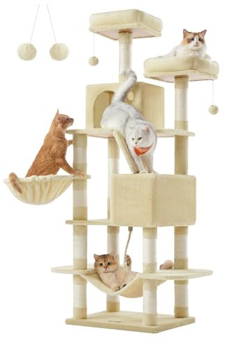 Feandrea Kratzbaum groß, 168 cm hoch, L Katzenbaum, mit 13 Kratzsäulen, 2 Plattformen, 2 Höhlen, Korb, Hängematte, Plüschbälle, mehrstöckiger Katzenkratzbaum, beige PCT165M01