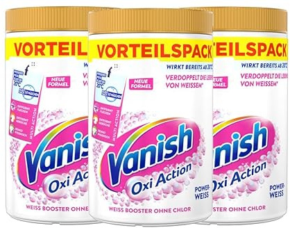 Vanish Oxi Action Powerweiss Pulver – 3 x 1,65 kg – Fleckenentferner und Wäsche-Booster Pulver ohne Chlor – Für weiße Wäsche
