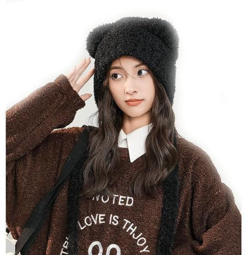 Gehörschutzmütze Winddichte Mütze,Wintermütze Damen Warme,Kapuzenschal für Frauen,Niedliche Damenmütze mit Ohrenschutz aus Plüsch,Bärenmütze für Damen Winter,Strickmütze (Schwarz,M)