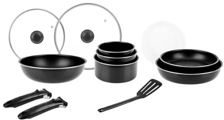 Sitram 714946 Batterie de cuisine 14 pcs Alu noir : 2 manches amov. 1 Wok Ø28cm 2 Poêles Ø24,28 3 Casseroles Ø16,18,20 2 Couv. Verre Ø24,28 3 couv. plastic Ø16,18,20 1 spatule tous feux dont induction