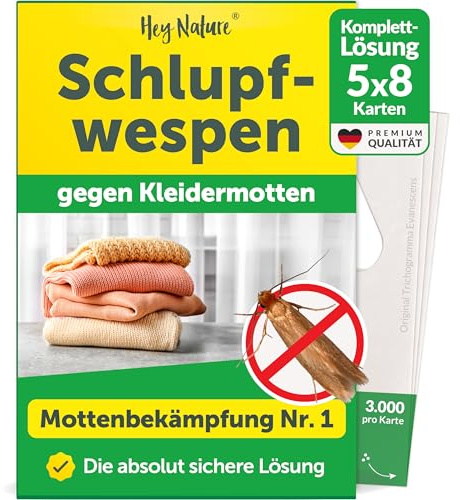 Hey Nature Schlupfwespen gegen Kleidermotten - Komplettkur - 40 Karten | (8 Karten à 5 Lieferungen) | Natürlich & nachhaltig Motten bekämpfen | Effektiver als Mottenfalle & Mottenspray