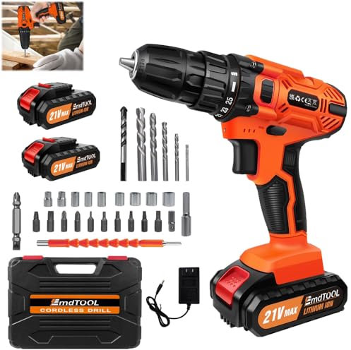 21V Akku Bohrschrauber mit 2 Akkus, 2-Gang Akkuschrauber Set, 25+1 Drehmomentstufen, 45Nm Drehmoment, Akku Schlagbohrschrauber mit LED-Licht, Akku Bohrmaschine mit 26tlg Zubehör für DIY Projekt