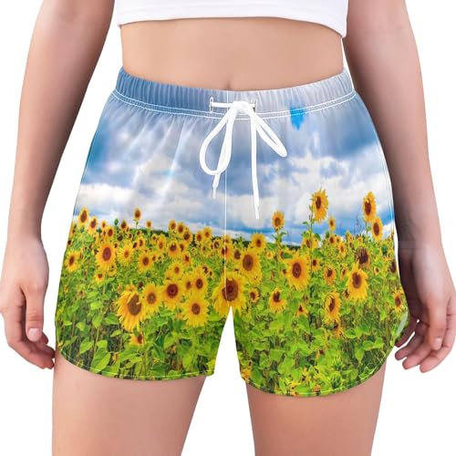 HMZXZ Sommer Blumen Sonnenblume Feld Damen Badeshorts Badehose Sports Gym Shorts,Sommer Blume Lässig Schwimmhose Kurze Boardshorts für Strand Surf Beach