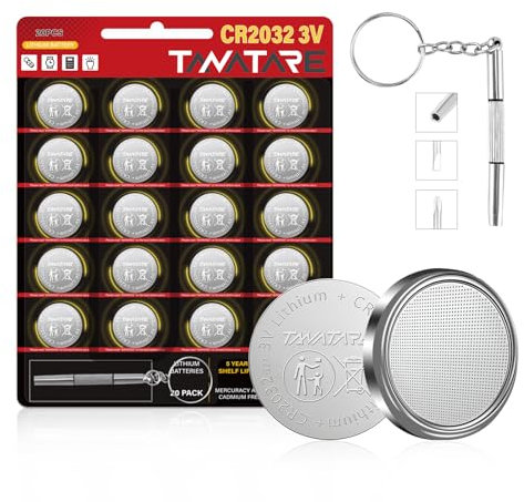 Tanatare 20 Pack CR2032 Batteries with 3-in-1 Mini Screwdriver ,Lithium 3V Coin Battery for Watch, Key Fob, Calculator ,5-Year Shelf Life
