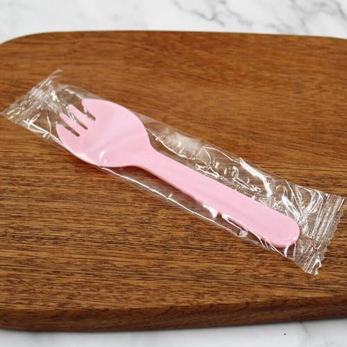 100PCS Disposable Sporks, Individually Packaged Plastic Spork for Cakes, Desserts, Ice Cream, Bread, Fork Spoon for Party, Wedding, Picnics, Buffet (Pink)