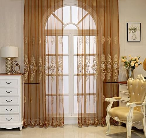 Homxi Vorhänge Transparent 2er Set,2 x 96W x 214H cm,Gardinen Transparent Wohnzimmer Braun Stickmuster Vorhanghaken
