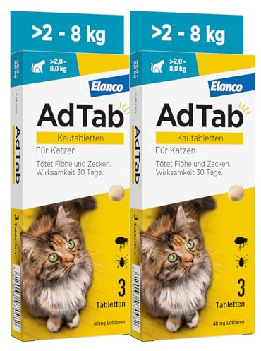 AdTab Katze 2-8 kg - Kautablette gegen Flöhe & Zecken, Doppelpack (6 St.)
