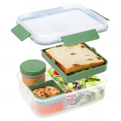 Bugucat Lunch Box 1600 ml, Travail de Camping Bento Box, Adultes et Enfants Boîte à Repas, Scellé Étanche Boîte à Déjeuner, avec Compartiment et Boîte à Sauce Boîtes Bento,Vert