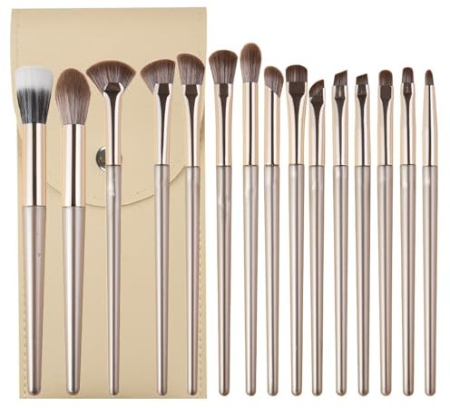 Pennelli Make Up Set (15 Pezzi), Pennelli da trucco sintetici di alta qualità, Per cipria, ombretti, fard, contorno occhi, prodotto di cosmetica, Con manico color oro champagne