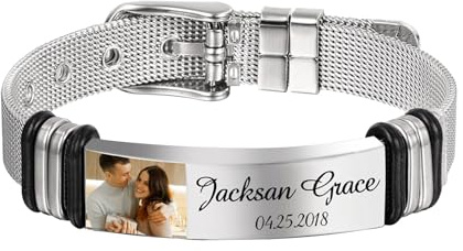 Kiddo Sky Personalisiertes Armband für Papa Männer mit Eingraviertem Foto Namenstext Herren-Bildarmband aus Edelstahl Personalisierte Gedenkgeschenke für Vater Geburtstag Jahrestag Ehemann