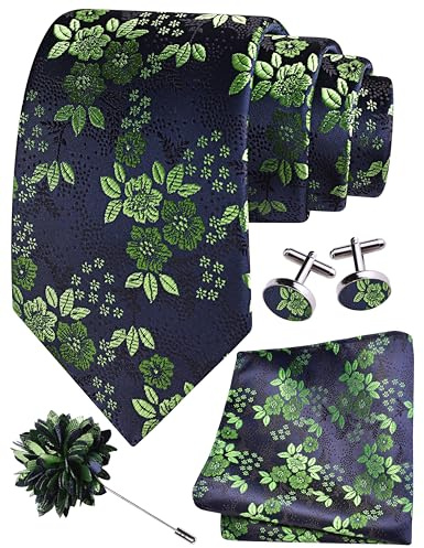 Gusleson Green Tie for Men Wedding Silk Green Navy Floral Necktie Pocket Square Cufflinks and Lapel Pin Brooch Set (UK6107-36)