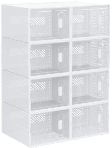 HOMCOM 8PCS Clear Shoe Box for UK/EU Size up to 8.5/43 25 x 35 x 19 cm | Plastic Stackable Shoe Storage Box, Magnetic Door, for Women/Men