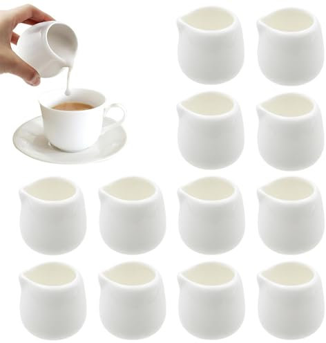 Afenau 12 Pcs Small Milk Jug, 50ml Mini Milk Jug Without Handle, Ceramic Coffee MilkJug, Reusable Milk-Jugs Small, WhiteSmall GravyJug, Milks JugSmall for Coffee Milks Creamer and Sauces