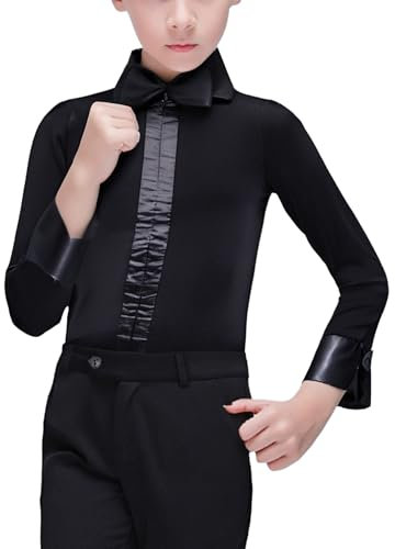 FEESHOW Jungen Latein Tanz Hemd Revers Langarm Body Mit Fliege Kinder Tango Salsa Jazz Ballsaal Moderne Tanzkleidung Schwarz 170