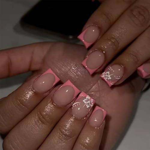 GlamRays 24 Stück Süss Extra Kurze Aufkleber Nägel Quadratisch - Rosa Nagelspitzen Acryl Nagel Set Blumen Nagelkunst Falsche Nägel Aufkleber Rosa