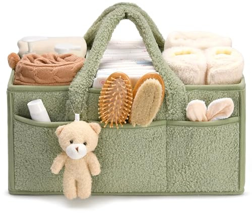 Flanliy Wickeltasche Organizer, Wickeltisch Organizer, Tragbarer Wickelkorb mit Herausnehmbaren Fächern, Plüsch Wickelorganizer mit Griffen, Baby Aufbewahrungskorb für Wickel und Babysachen (Grün)