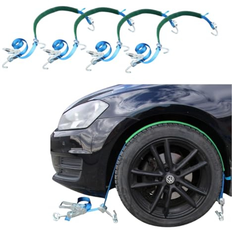 4 Stück Zurrgurt | 1-teilig | Radsicherung mit Grippschlauch | Spanngurt Reifengurt Autotransport PKW (35 mm)