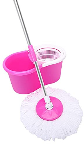 Mocio rotante a 360° con secchio e doppia testa mocio rosa sistema di pulizia della casa, mocio per pavimenti con secchio in legno duro detergente comodo e facile da usare