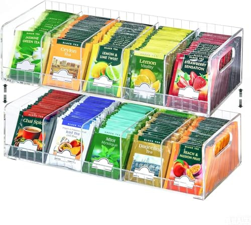 Acryl Teebeutel Organizer mit 6 verstellbaren Trennwänden 2-stufiger stapelbarer Teehalter wandmontierbarer Aufbewahrungskasten für alle Teebeutelgrößen Organisation Schublade Schrank Arbeitsplatte