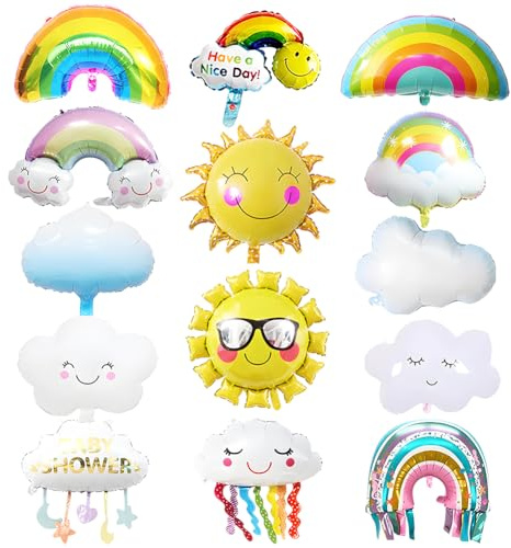 Regenbogen Folienballon, Wolkenförmige Riesenballon14 Stück, sonne Aluminium Folie Ballon, Lächelnde Quasten Luftballons, Wolke Helium Ballons für Jungen Mädchen Baby Shower Jubiläum Geburtstag