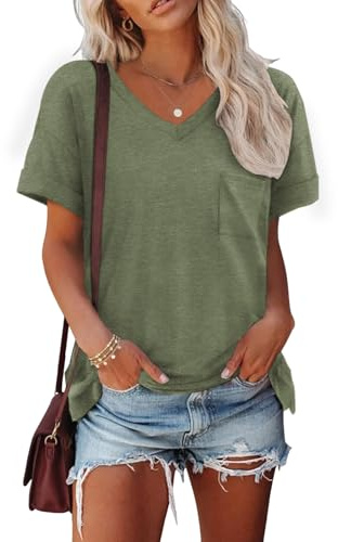 Cuptacc Camisetas Manga Corta Mujer con Cuello en V de Verano Blusas de Mujer Elegantes Top de Manga Corta con Bolsillo