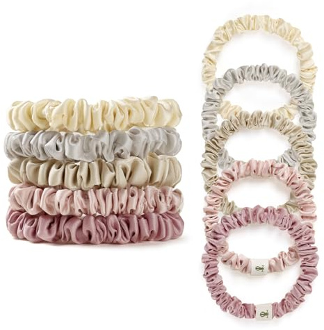 LILYSILK 100% Pure Silk Thin Hair Scrunchies Ponytail Ties Elastic For Women Soft Mulberry Silk Hair Care for Frizz Prevention Pack of 5, Lily White+Light Camel+Rose Pink+Gravel Gold+Light Gray