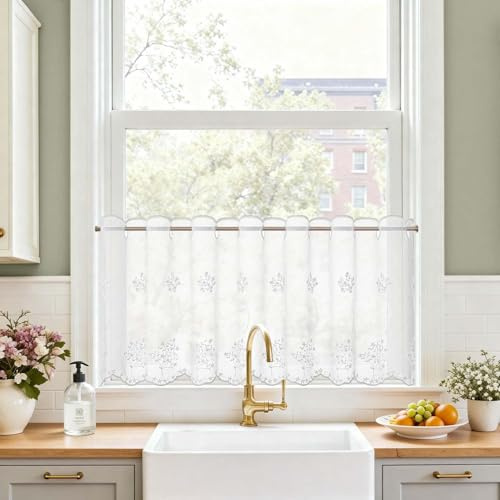 TOPICK Scheibengardine Bistrogardine Gardinenschals 1 Stück H45xB145 Weiß | Lichtdurchlässig Küchengardinen für Küche modern Kurzgardine Wohnzimmer Küchenfenster Fensterschal Landhausstil Küchevorhänge