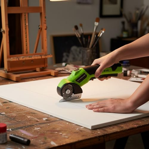 YUYTE Forbici Elettriche Senza Fili, Taglierina Elettrica Ricaricabile con Lame in Acciaio SK5 per Carta da Parati in Pelle di Cartone, Moquette in Plastica, con Luce LED e Blocco di (GREEN)