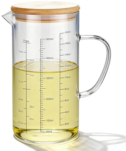 Verre doseur 500 ml, verre borosilicate résistant à la chaleur avec poignée et graduation, verre doseur précis avec couvercle, gobelet doseur en verre pour cuisine et pâtisserie