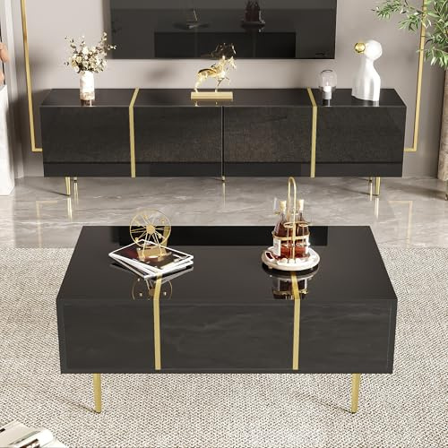 XQJLSL Conjunto de Mueble TV y Mesa de Centro Alto Brillo con Espacio de Almacenamiento Tabla Baja para salón Dormitorio Armario Base TV Mesa aparador Lateral Juego marrón de 2 Piezas 170x35x46 cm