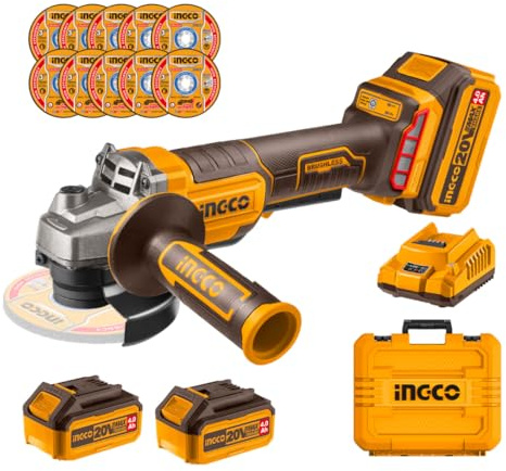 INGCO 115mm Brushless Angle Grinder 20V Cordless Grinder Tools with 2Pcs 4.0Ah Battery and 1Pcs Charger, 35Pcs Cutting Discs