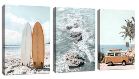 3 Pcs Sommer Blau Küste Landschaft Leinwand Bilder Mit Rahmen, Vintage Surfbrett Kleinbus Bild Auf Leinwand Schlafzimmer Entspannung Natur Landschaft Wandbilder Wanddeko für Wohnzimmer 30X40cmX3 Pcs