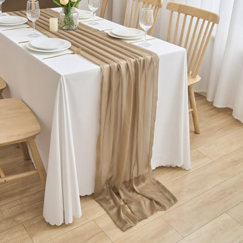 CHUQING Chiffon Tischläufer Hochzeit Tischdeko Stoff Tischdecke Khakibraun | Chiffon Tischläufer 70 cm breit und 3 m lang für Hochzeit, Tischdeko und festliche Tafeln