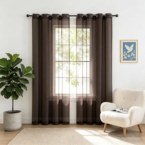 HOKXUAN 2Er Set Voile Vorhang 140 x 235 cm Transparent Luftig Einfache Montage Weich Und Langlebig Waschbare Leinenoptik Ösenvorhang for Bedroom, Braun