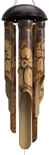 Nalulu Rustikales Bambus-Windspiel – Holzwindspiele für den Außenbereich, mittelgroß, florales gebranntes Design mit Kokosnusskrone, handgefertigt mit beruhigenden tiefen Tönen, Heimdekoration,