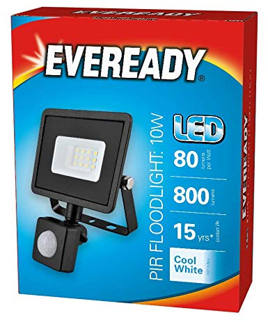 Eveready S13948-10w, Black Body, IP65, 4000k Cool White, 800lm Lumens, PIR Motion Sensor, LED Floodlight