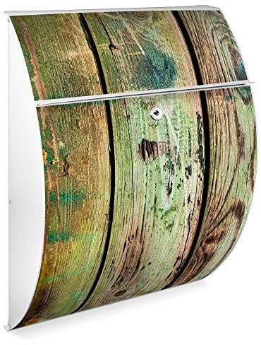 banjado Design Briefkasten - Modell Riviera 46x33,5x13cm groß - verzinkter Stahl weiß - Postkasten Öffnungsstopp großer A4 Einwurf Zylinderschloss 2 Schlüssel - Motiv Grünes Holz