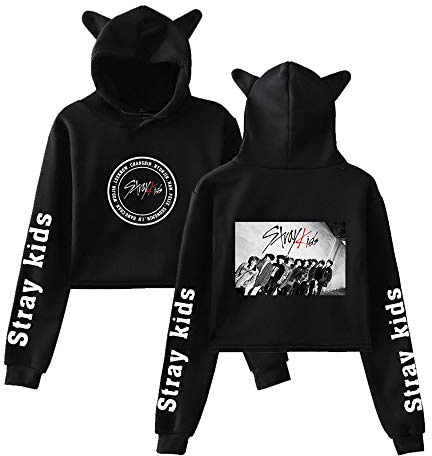 NCTCITY Sweatshirt söt kattöron tröja exponerad navel pullover ledig långärmad tröja tryckt magtröja härlig huvtröja Bang Chan Changbin Hyunjin Han Felix Seungmin, färg5, XS