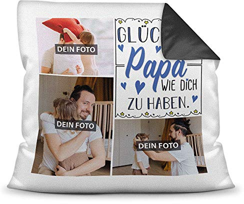 Print Royal Foto-Kissen inkl. Füllung zum Selbstgestalten - für Papa - mit eigener Collage und Spruch - Bestes Fotogeschenk/Geburtstagsgeschenk - Farbkissen Rückseite Schwarz