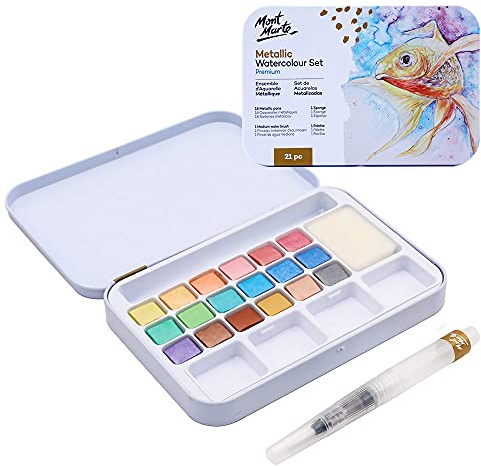 Mont Marte Aquarellfarben Metallic – 18 Wasserfarben – Inklusive Wassertankpinsel, Schwamm, Palette – Kompaktes Set – Ideal für Aquarellmalerei