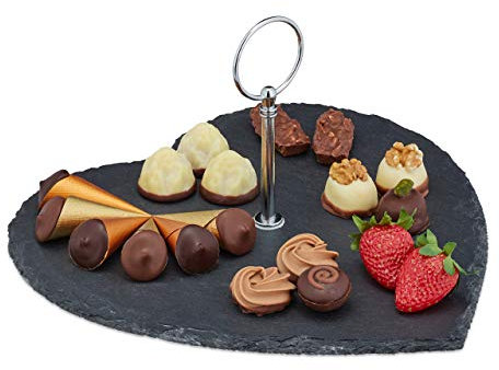 Relaxdays Piatto in Ardesia a Cuore, Vassoio da Portata con Manici per Sushi, Formaggi, Dessert, Tagliere, Antracite, Ferro, 12,5 x 25 x 25,5 cm