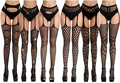 Wisdom1674 Medias Mujer Sexy, 6 Pares Medias Rejilla de Encaje, Sexy Elástico Medias de Cintura, Medias de Liga Pantimedias de Malla Con Diferentes Patrones, Negro