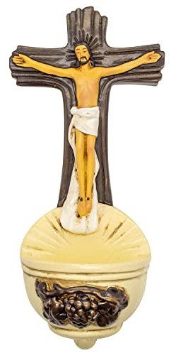 VILLAGE GIFT IMPORTERS - Crucifix Holy Water Font | Catholic Wall Art for Home | Great Christian Gift for Baptism, First Holy Communion, Confirmation, Weddings | Add to Prayer Space