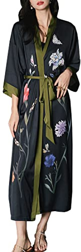MEDUOLA Accappatoio Donna Estivo Kimono Raso Stampato Seta Camicia da Notte Lunga Elegante Taglia Unica,Fiore Nero