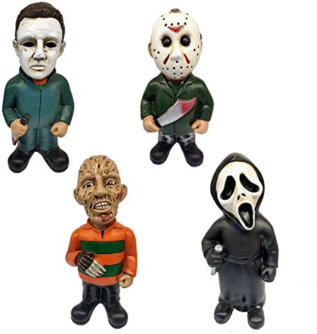 TPOne Horrorfilm-Gartenzwerge, 19,1 cm, Halloween-Skulptur, Horrorfilm-Dekoration, Horror-Statuen, Figuren für Halloween, Weihnachten, Gartendekorationen, Horror-Figuren, Sammler-Geschenk (4 Stück)
