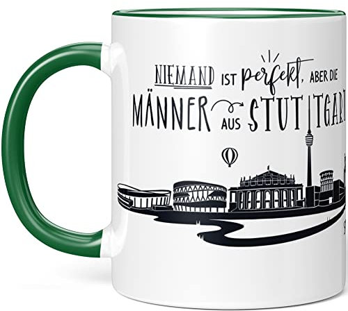 JUNIWORDS Tasse, Niemand ist perfekt, Aber die Männer aus Stuttgart sind verdammt nah dran, Grün (1006883)