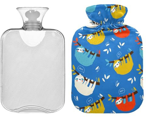 ZZXXB Wärmflasche mit Faultier-Motiv, mit Fleece-Bezug, PVC, 2 Liter