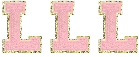 QUARKZMAN Chenille Aufbügler Buchstaben Patches L Große Größe 82mm/3.23 Zoll Aufbügelbare Buchstaben L Patches Goldene Glitzerstickerei für Kleidung, Schuhe, Rucksäcke Packung mit 3 (Pink)
