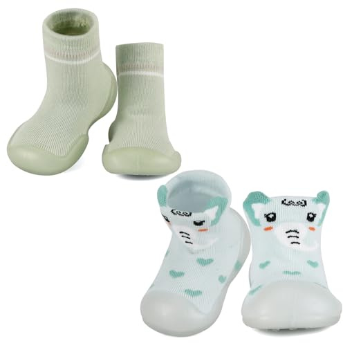 MK MATT KEELY Pack de 2 Zapatos Bebé Primeros Pasos Calcetines con Suela de Goma Niño Niña Zapatillas Antideslizantes Bebé,Verde+Elefante,12-18 Meses