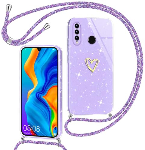 Yichxu Handyband für Huawei P30 Lite Hülle mit Band, Glitzer Herz Silikon Handyhülle Kordel zum Umhängen, Schutzhülle mit Kette TPU Gel Stoßfest Necklace Handy Hülle für Huawei P30 Lite, Lila